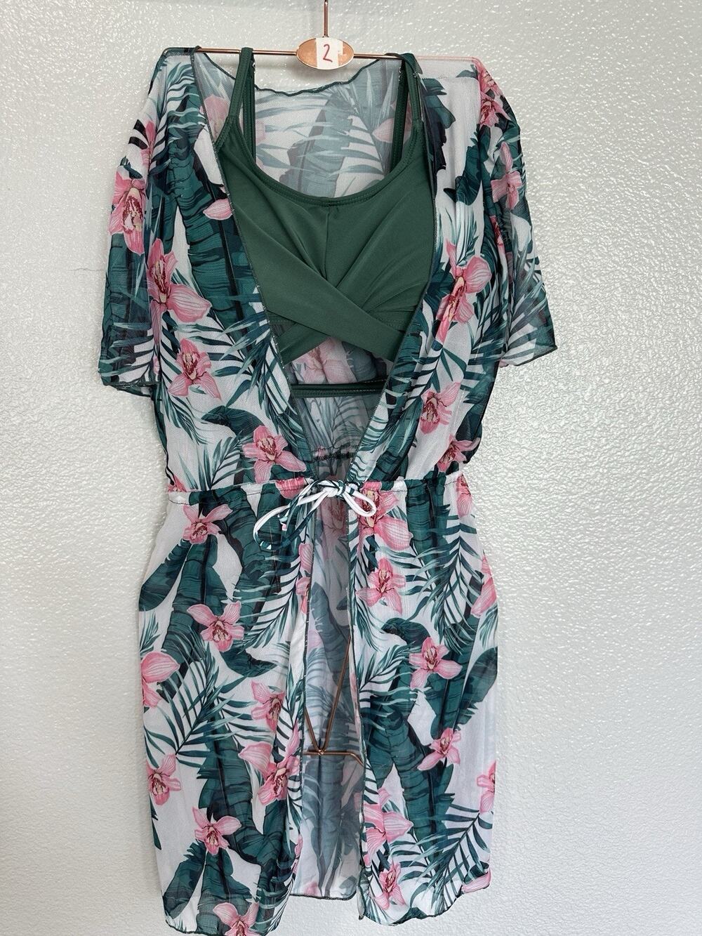 Print Bikini Top Criss Cross Bathing Suit with Drawstring  & Cover Up Sz 13-14 Y